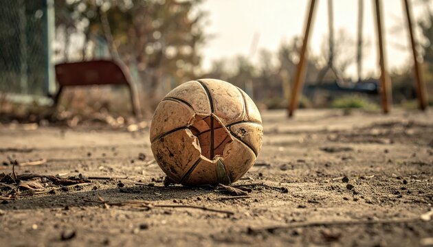 A damaged, deflated rubber ball rests on the dirt ground, an emblem of interrupted childhood play.