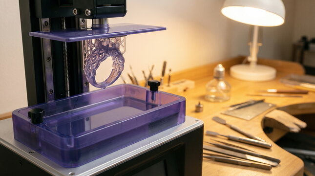 3D printing resin ring emerging from printer on jeweler's workbench, ideal for jewelry design and rapid prototyping.