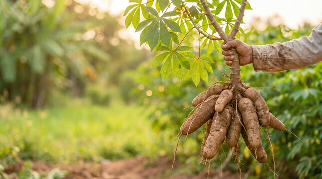 Cassava plant harvesting by hand in agricultural field, promoting sustainable farming and food production.