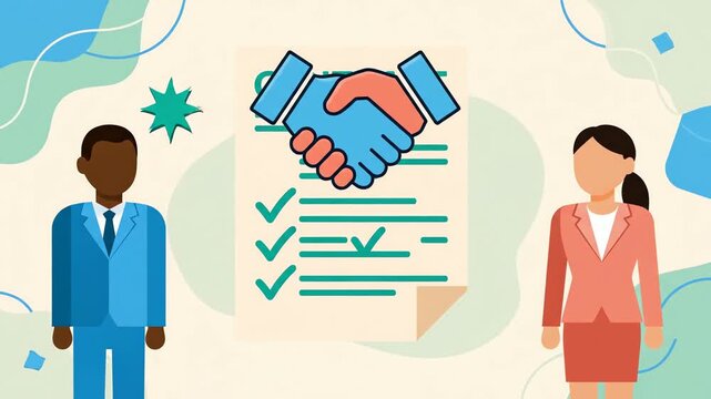 Business professionals standing beside a handshake and contract checklist document. Partnership agreement and deal concept. Collaboration and business compliance. Flat animated illustration