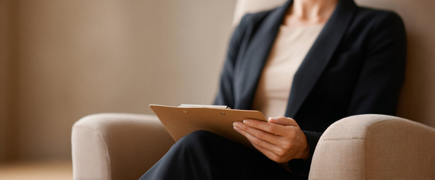 Professional woman holding clipboard sitting