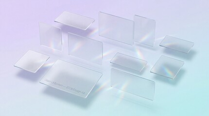 Obraz premium Glass ui system 2026 design kit, floating frosted glass panels with holographic light refraction effects on a soft pastel gradient background