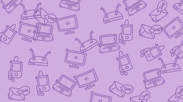 Purple background pattern with line drawings of technology devices like computers, routers, mobile phones, and envelopes. Suitable for techthemed designs.