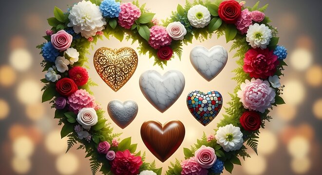 Decorative Heart Ornaments Surrounded by Colorful Flower Wreath on Soft Bokeh Background