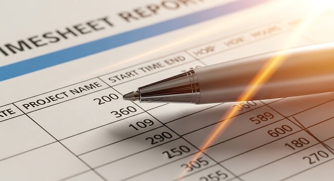 Metal Ballpoint Pen Resting on Printed Timesheet Report in Warm Office Light
