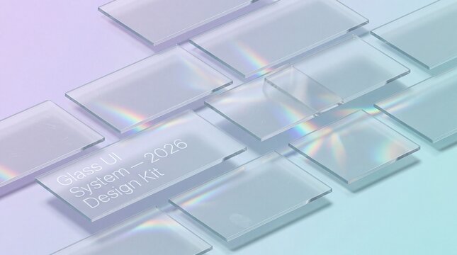 Glass ui system 2026 design kit, abstract frosted glass panels with holographic light refraction effect on a soft pastel gradient background
