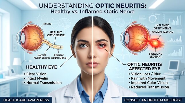 Comparison of healthy and inflamed optic nerve for optic neuritis education, medical infographic with anatomical diagrams and symptoms