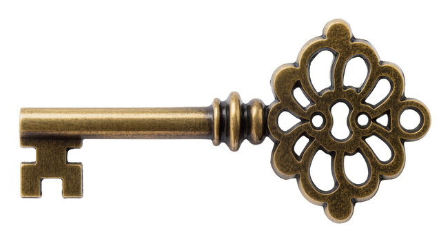 Antique ornate brass skeleton key with decorative bow