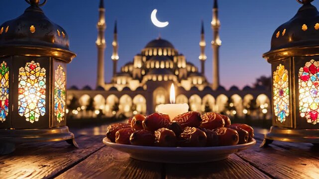 Ramadan kareem concept with lanterns and mosque in the background at night 4k video