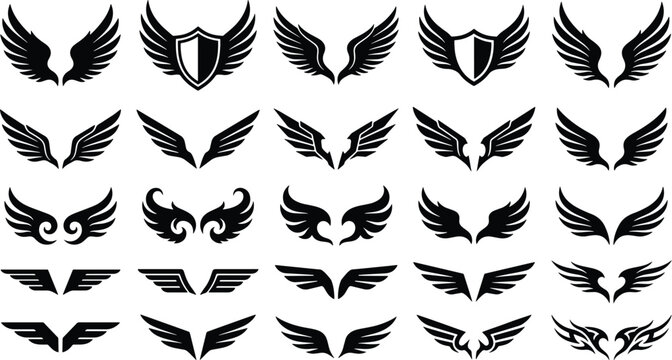 Collection of various wing logos and shields with wings on white background  graphic design elements