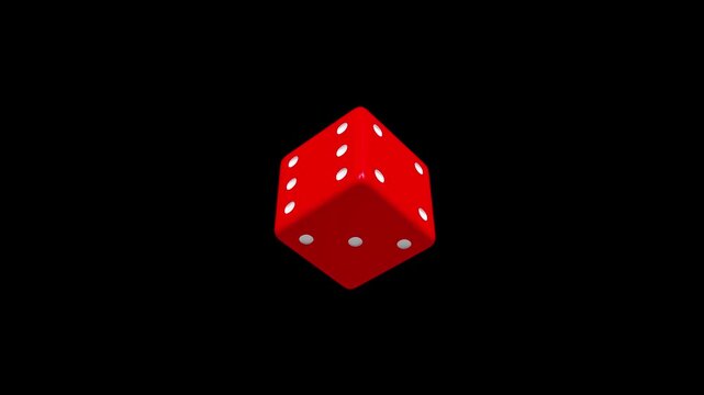 A red die rotates in midair against a black background in a minimalist 3D render
