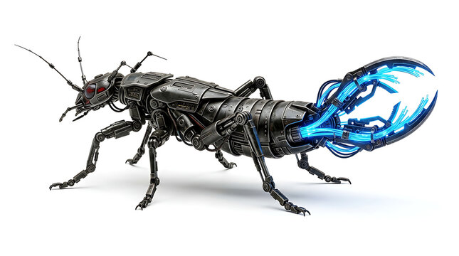 Futuristic Robot Insect with Glowing Blue Energy Source on White Background