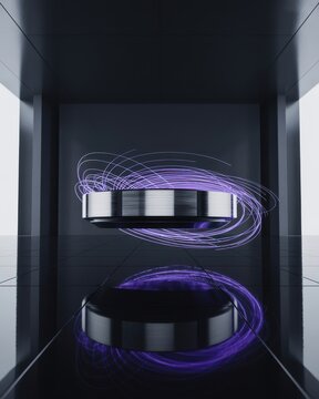 Levitating metallic rings with purple light trails in dark room
