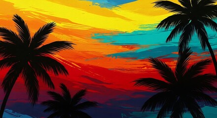 Obraz premium Silhouette of palm trees against a sunset sky with colorful clouds tropical colorful landscape vacation silhouette paradise