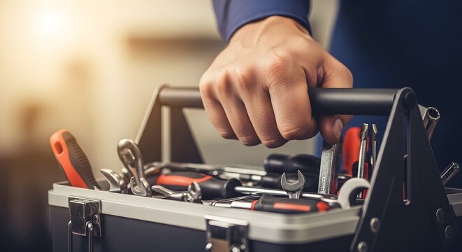 Professional hand holding a sturdy toolbox brimming with essential repair and maintenance tools, ready for dedicated service and efficient work