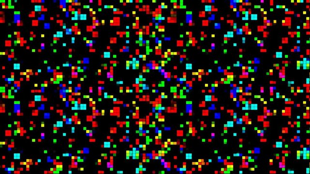 Colorful pixel mosaic scattered across a black background
