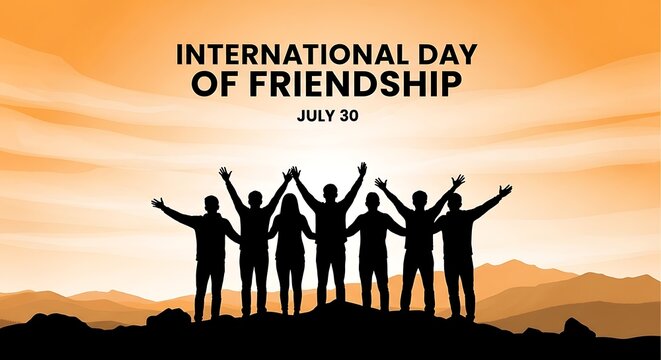 Group of friends celebrating International Day of Friendship on mountain at sunset with arms raised