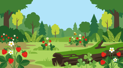 Strawberry Forest Glade with Flowers and Trees Flat Vector © Mohammad