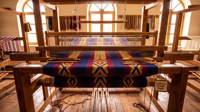 Traditional handloom weaving machine with colorful patterned textile in a rustic workshop