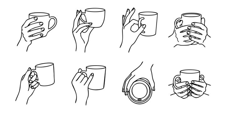 Various hands holding and interacting with cups in different ways indoors