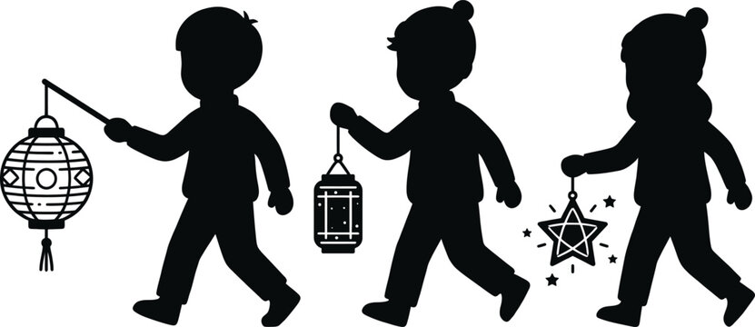 Children holding traditional lanterns silhouette