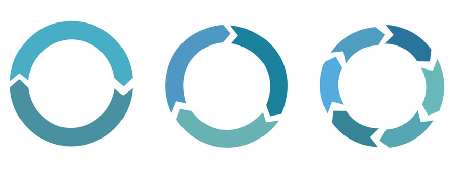 A set of three circular arrow icons in different shades of blue on a white background