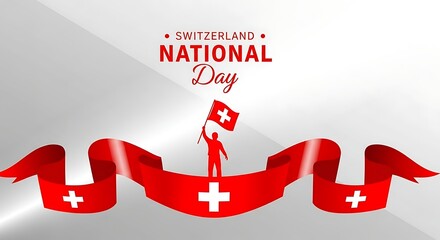 Obraz premium Swiss National Day celebration with waving red flags and white cross on bright background
