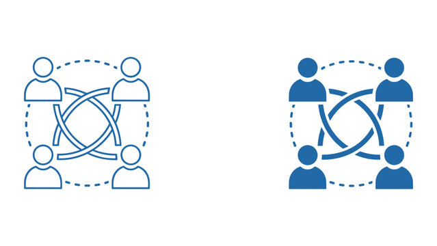Interconnected team network vector icon showing four members linked together for networking and communication concepts in corporate structure and human resources organizational charts design