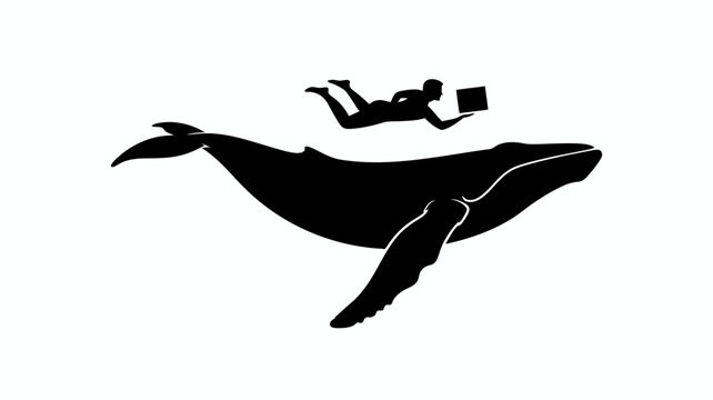 Black whale, scuba diver silhouette, ocean creature, underwater scene, vector icon