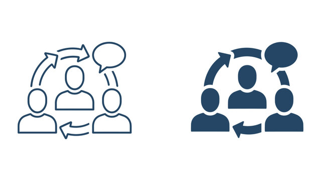 Group discussion and team communication concept icon featuring people sharing thoughts in a circular flow with speech bubbles representing interactive dialogue and collaborative brainstorming sessions