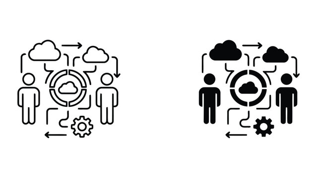 Cloud computing team collaboration and network infrastructure icon set with data synchronization symbols