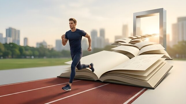 Man running on athletic track transitioning into open pages of a large book leading through a doorway, education and self improvement concept