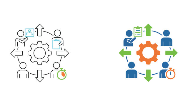 Corporate workflow management and team productivity icon showing people with charts and checklists in a circular process loop for efficient project tracking and time management in business operations