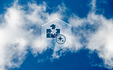 A conceptual AI illustration features a glass honeycomb floating in a blue sky. Puzzle pieces and...
