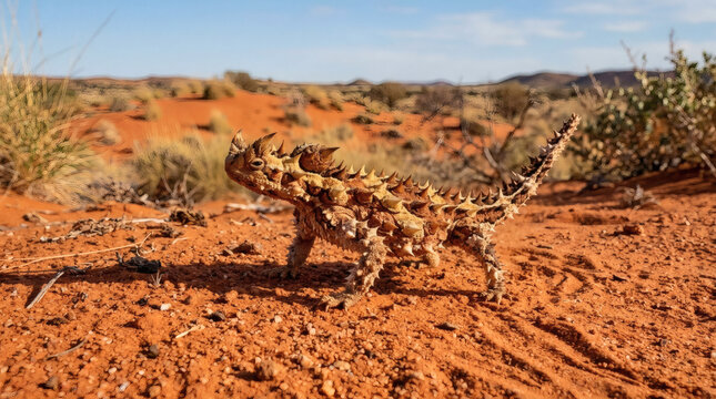 Thorny Devil lizard walking across red desert sand in Australia