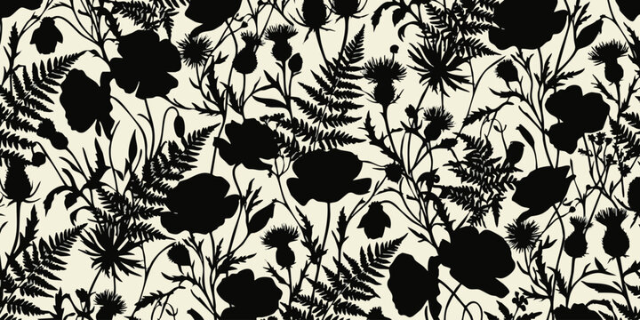 A dense arrangement of various ferns, flowers, and leaves creates a natural pattern on a neutral background.
