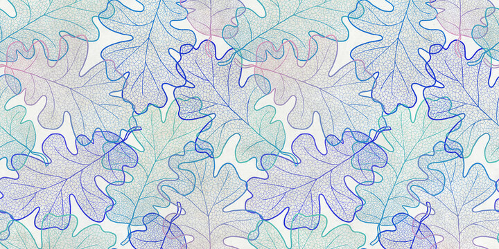 Minimalist oak leaf pattern, ethereal blue and purple botanical background, delicate skeleton leaf texture, elegant nature wallpaper