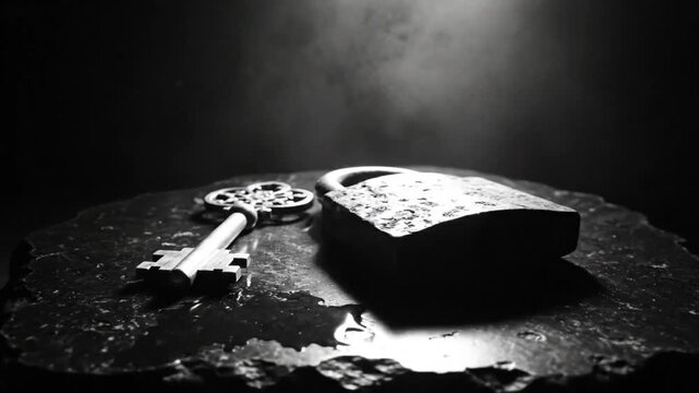 Black and White Close Up of Ornate Key and Locked Padlock Resting on Stone Surface in Dim Lighting