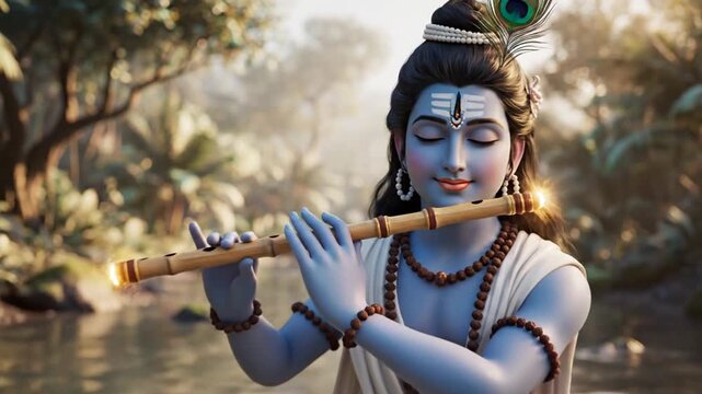 Krishna in devotional scene with glowing offerings on a serene river at dusk