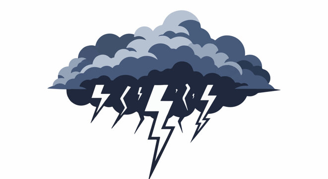 Dark storm clouds with bright lightning strikes against white background