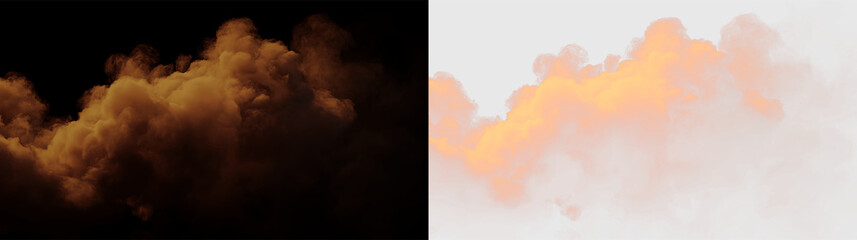 Bright orange clouds float against a transparent background during the evening sky, PNG with a light overlay © Liubov