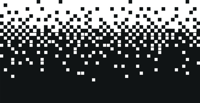 Abstract high contrast black and white pixel disintegration background with digital squares scattering in a clean space.