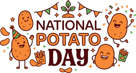 Fototapeta premium National potato day celebration banner with cute cartoon potatoes, french fries, and party decorations