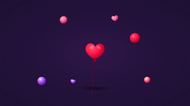Floating red heart balloon with colorful bubbles on purple background