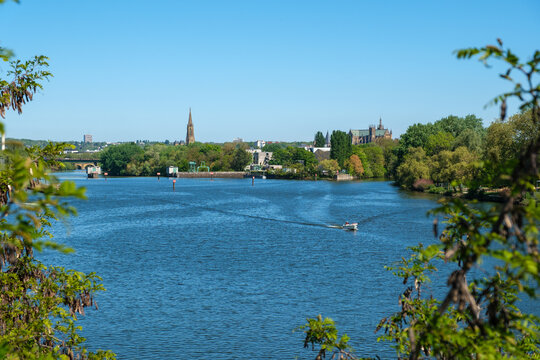view of Metz skyline and lake in Moselle river