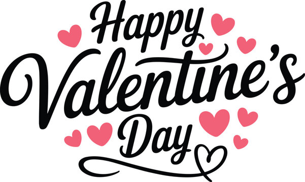 Elegant Happy Valentine's Day script lettering featuring pink hearts to celebrate love in a bright studio white setting.