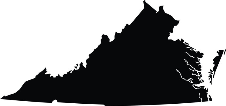 Detailed black silhouette of the Virginia state map isolated on a white background for professional graphic design projects.