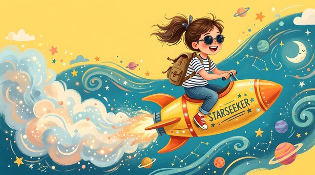 Cartoon illustration of a young girl riding a yellow rocket ship in space
