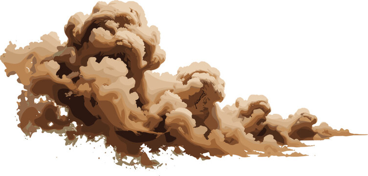 A powerful brown sand cloud billowing and exploding across an isolated white background with soft cinematic depth lighting.