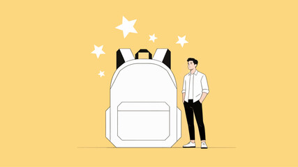 Enthusiastic student stands proudly next to a massive backpack, embodying readiness for an inspiring educational journey, new beginnings, and future academic success © MuhammadHaris